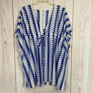 Cotton Bleu M Medium Drawstring Tie Swim Cover Kaftan Striped Lace V Neck Tunic